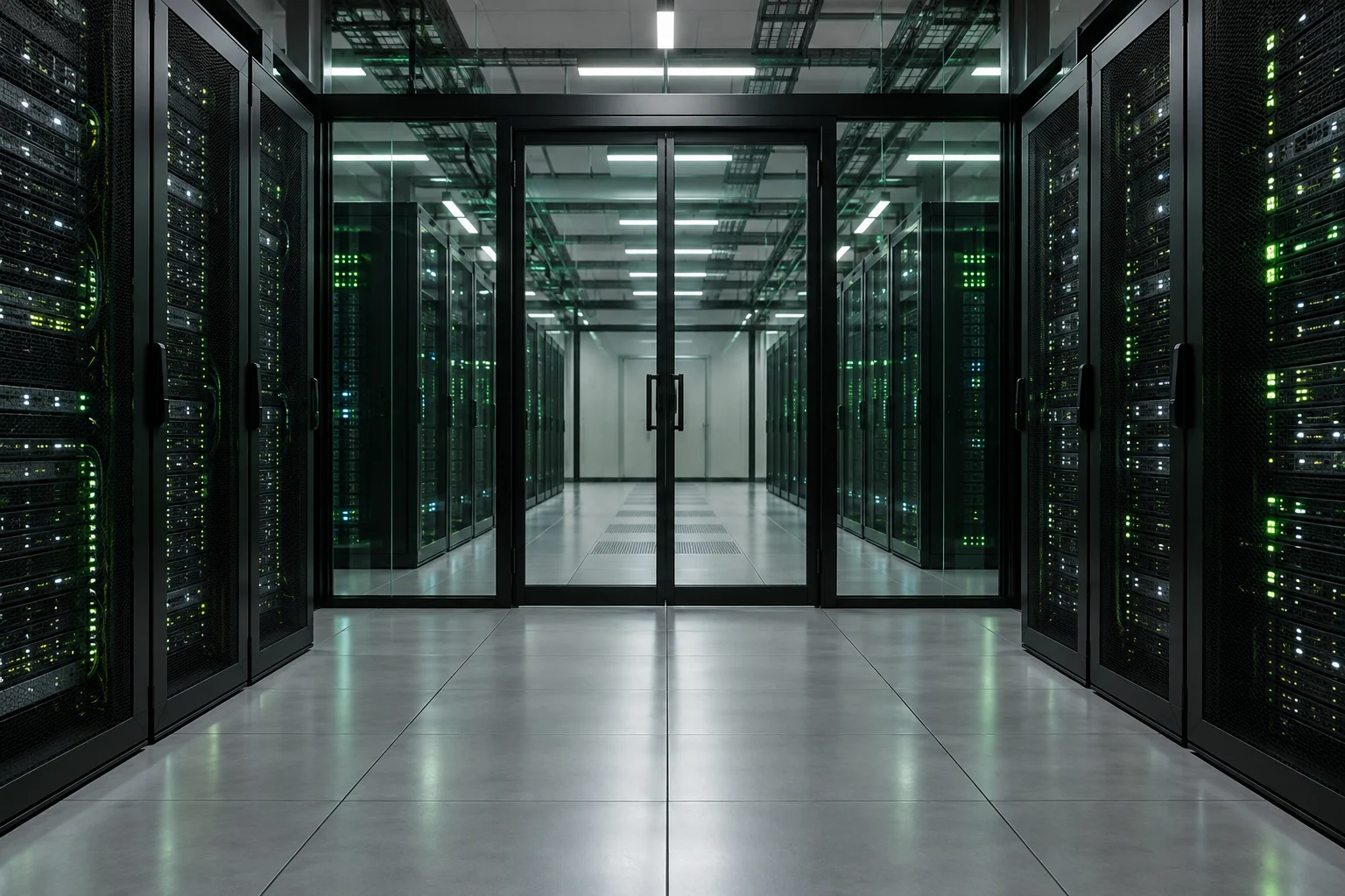 Secure server room behind glass doors